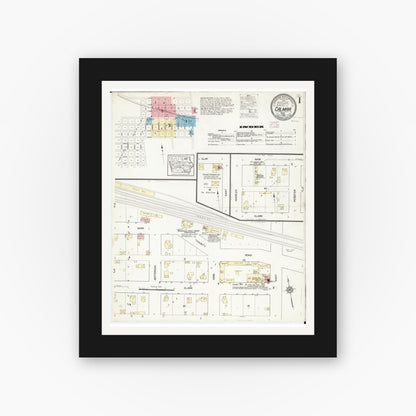 Old map wall art mockup — black gallery frame with white mat — Sanborn Fire Insurance Map from Calmar, Winneshiek County, Iowa (1914) â€” Complete Set