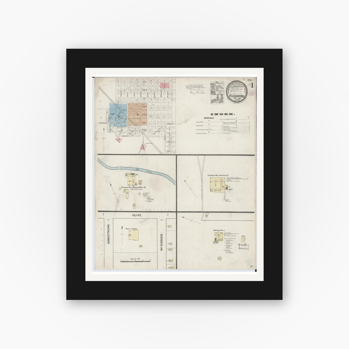Old map wall art mockup — black gallery frame with white mat — Sanborn Fire Insurance Map from Pleasant Hill, Cass County, Missouri (1888) - Complete Map Set