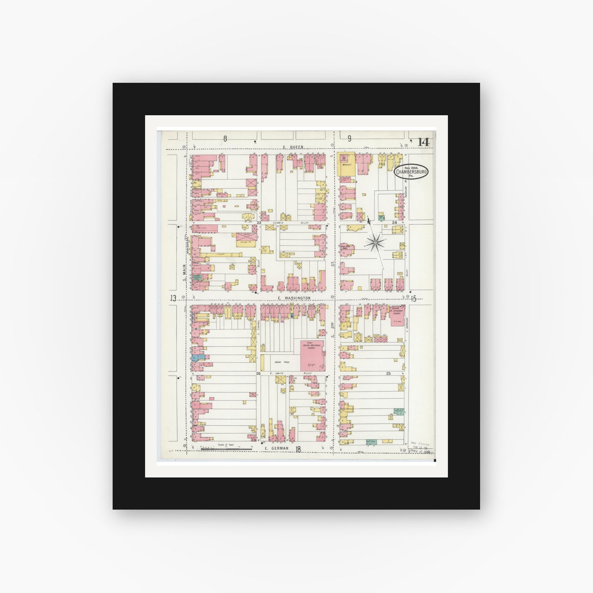 Old map wall art mockup — black gallery frame with white mat — Sanborn Fire Insurance Map from Chambersburg, Franklin County, Pennsylvania (1904), Sheet #0014