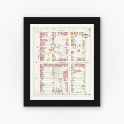 Old map wall art mockup — black gallery frame with white mat — Sanborn Fire Insurance Map from Chambersburg, Franklin County, Pennsylvania (1904), Sheet #0014