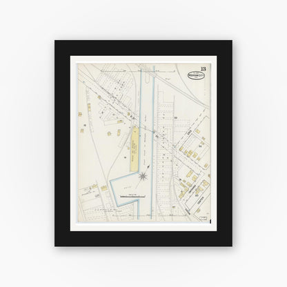 Old map wall art mockup — black gallery frame with white mat — Sanborn Fire Insurance Map from Michigan City, La Porte County, Indiana (1889), Sheet #0013