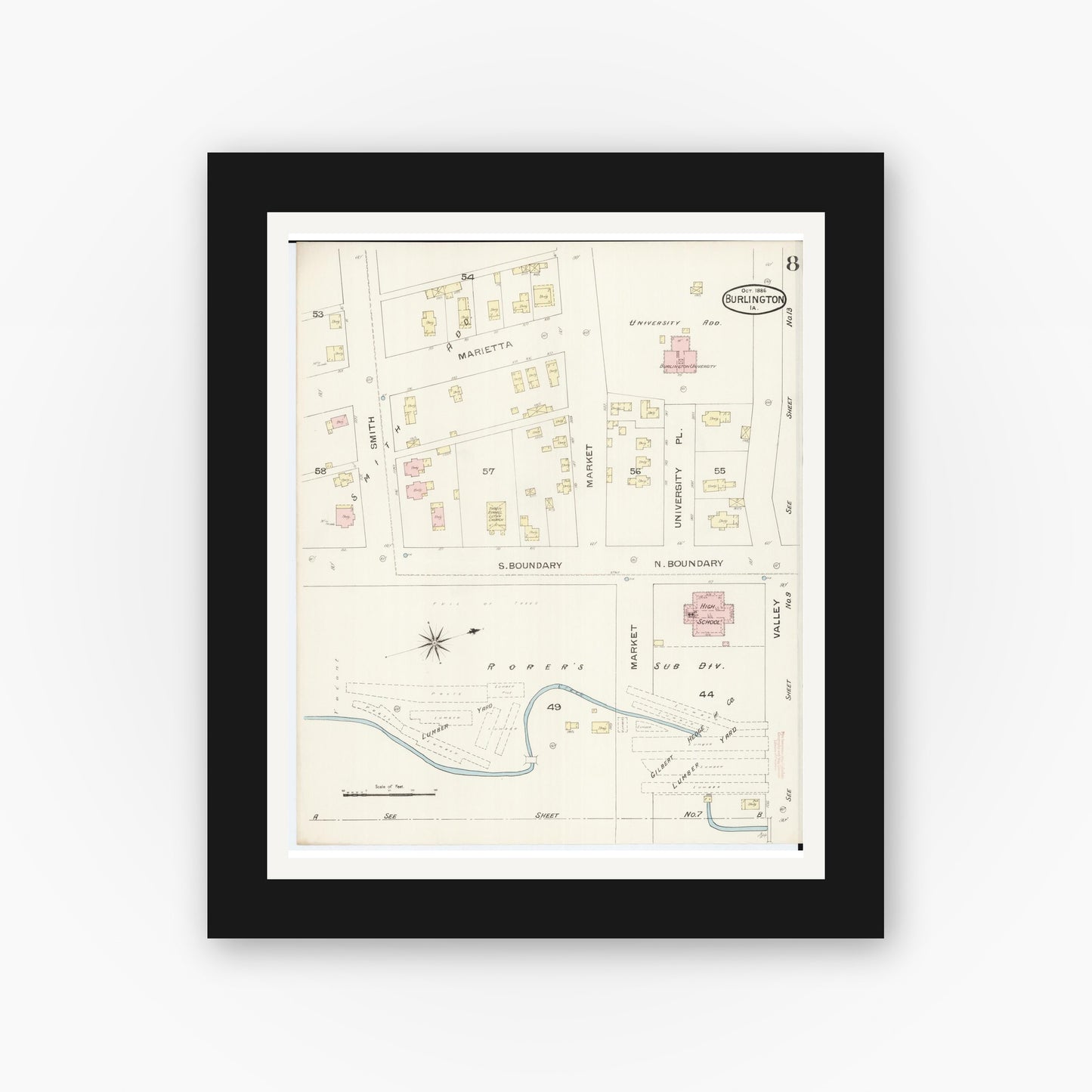 Old map wall art mockup — black gallery frame with white mat — Sanborn Fire Insurance Map from Burlington, Des Moines County, Iowa (1888), Sheet #0008