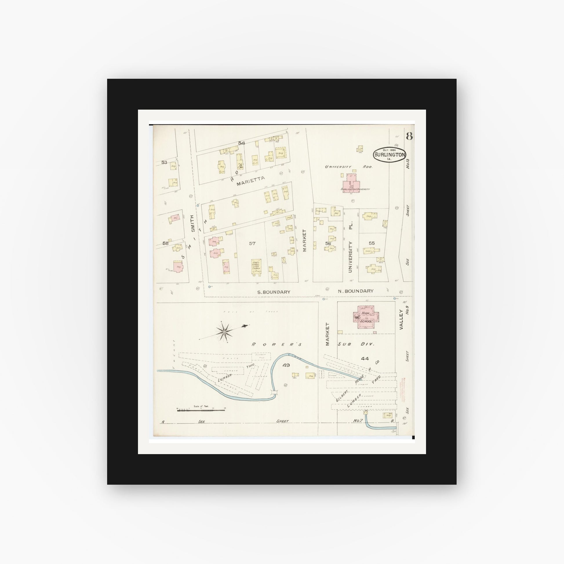 Old map wall art mockup — black gallery frame with white mat — Sanborn Fire Insurance Map from Burlington, Des Moines County, Iowa (1888), Sheet #0008