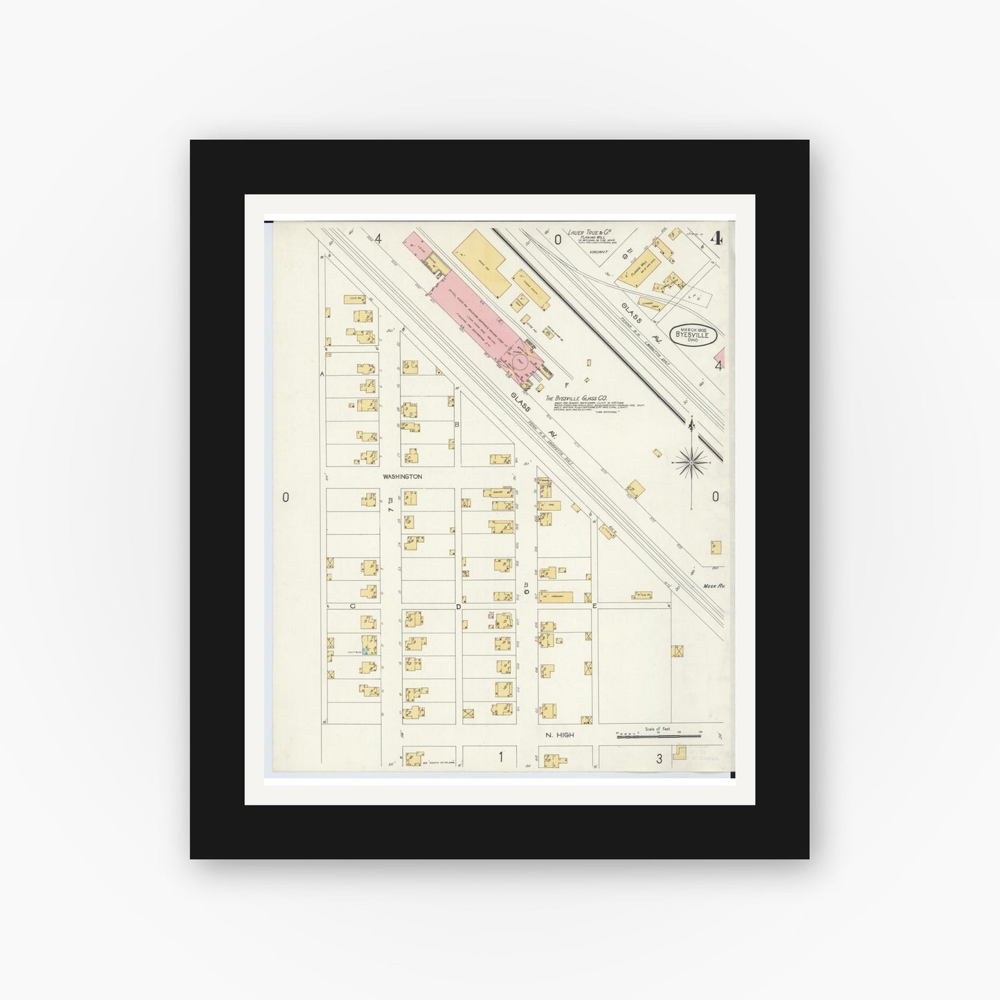 Old map wall art mockup — black gallery frame with white mat — Sanborn Fire Insurance Map from Byesville, Guernsey County, Ohio (1905), Sheet #0004
