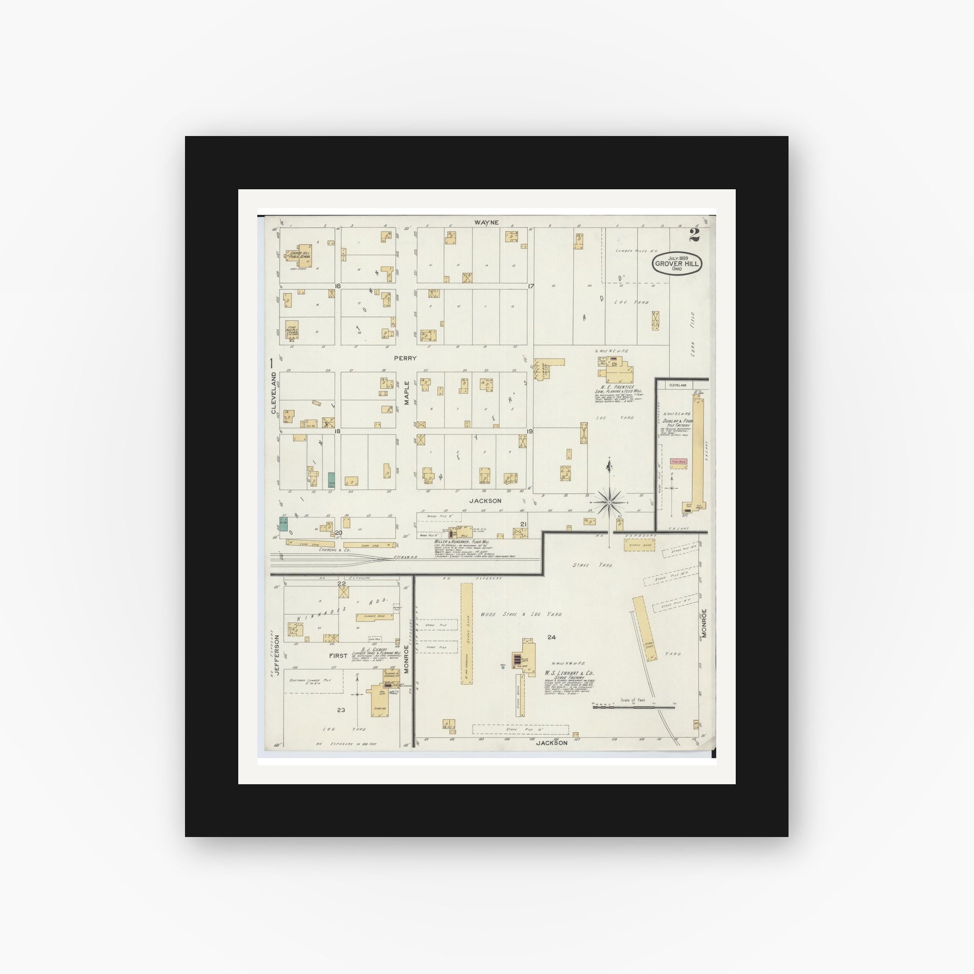 Old map wall art mockup — black gallery frame with white mat — Sanborn Fire Insurance Map from Grover Hill, Paulding County, Ohio (1899), Sheet #0002