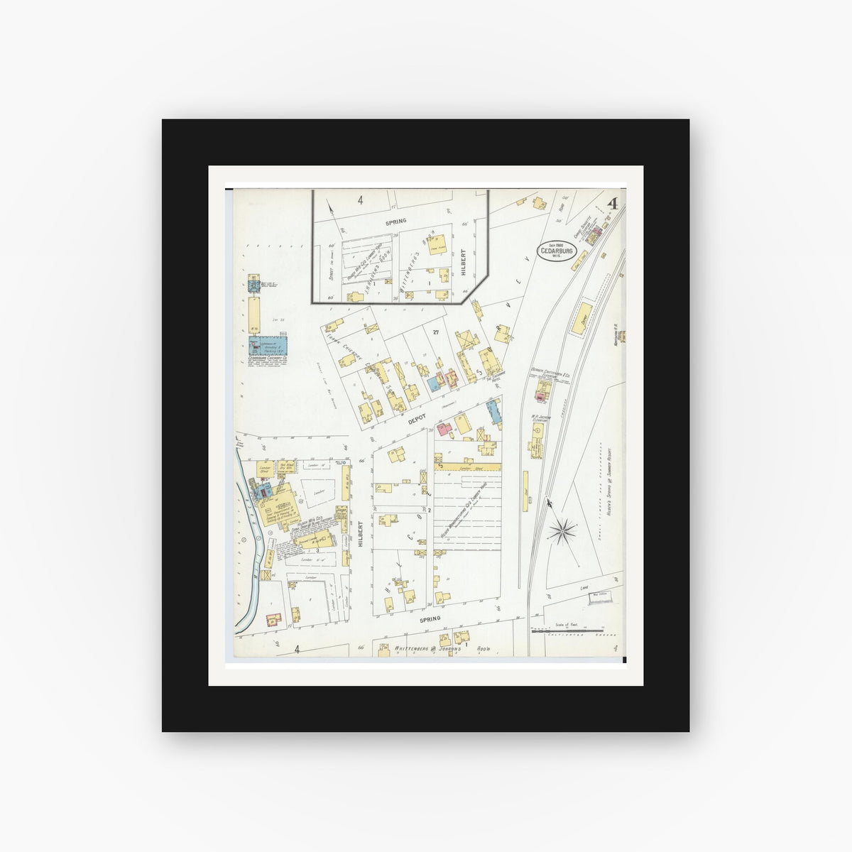 Old map wall art mockup — black gallery frame with white mat — Sanborn Fire Insurance Map from Cedarburg, Ozaukee County, Wisconsin (1900), Sheet #0004
