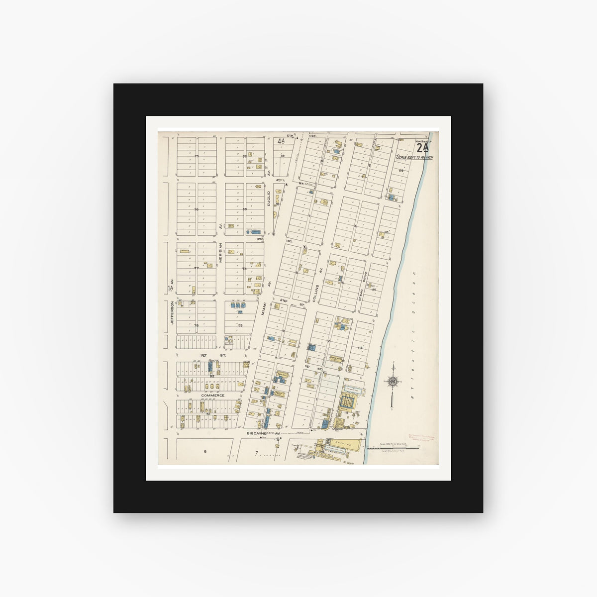 Old map wall art mockup — black gallery frame with white mat — Sanborn Fire Insurance Map from Miami Beach, Dade County, Florida (1921), Sheet #0002