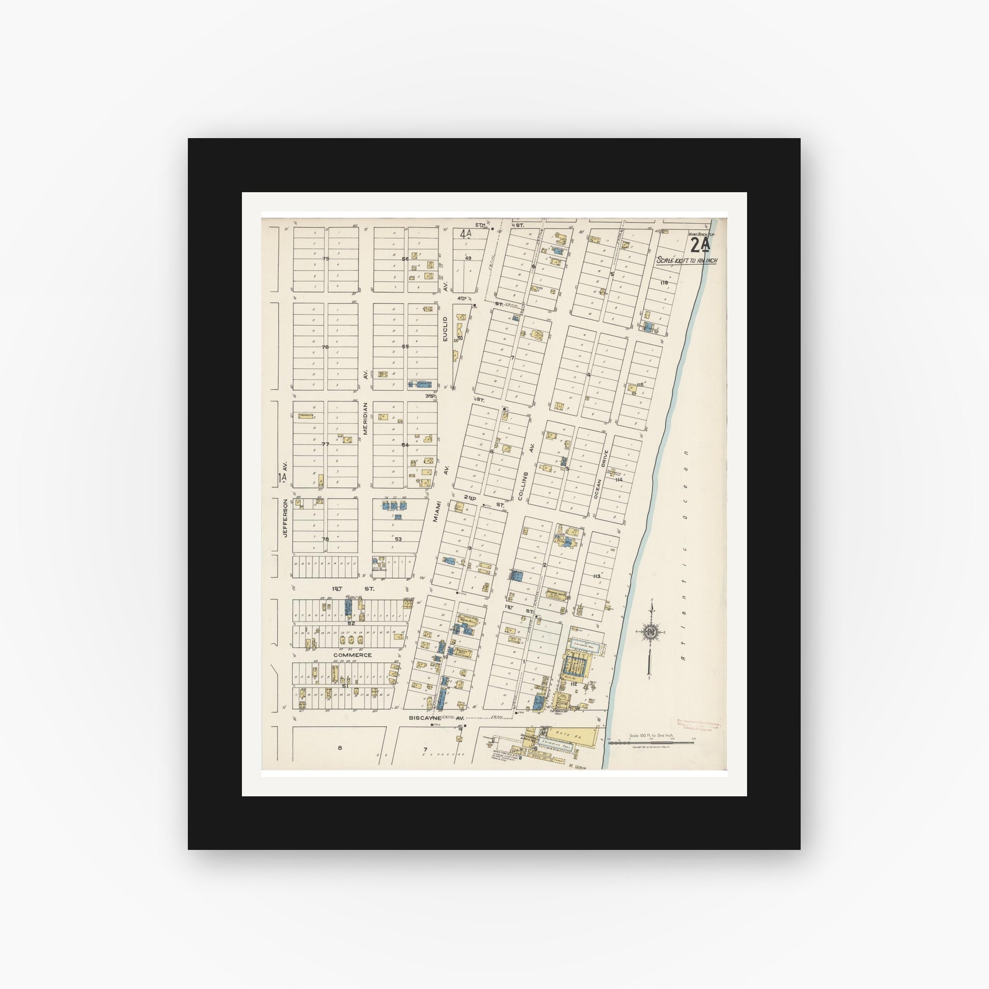 Old map wall art mockup — black gallery frame with white mat — Sanborn Fire Insurance Map from Miami Beach, Dade County, Florida (1921), Sheet #0002