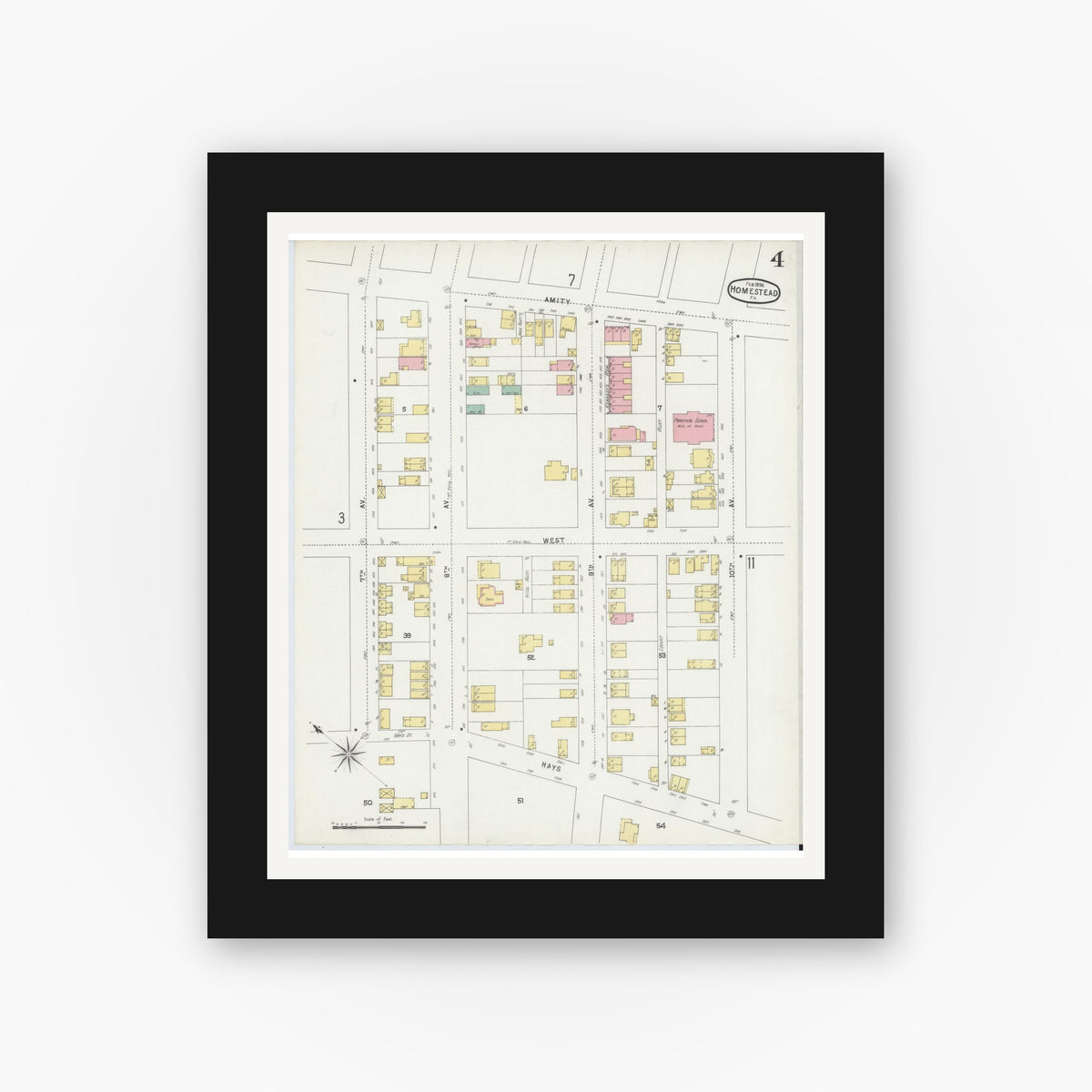 Old map wall art mockup — black gallery frame with white mat — Sanborn Fire Insurance Map from Homestead, Allegheny County, Pennsylvania (1896), Sheet #0004