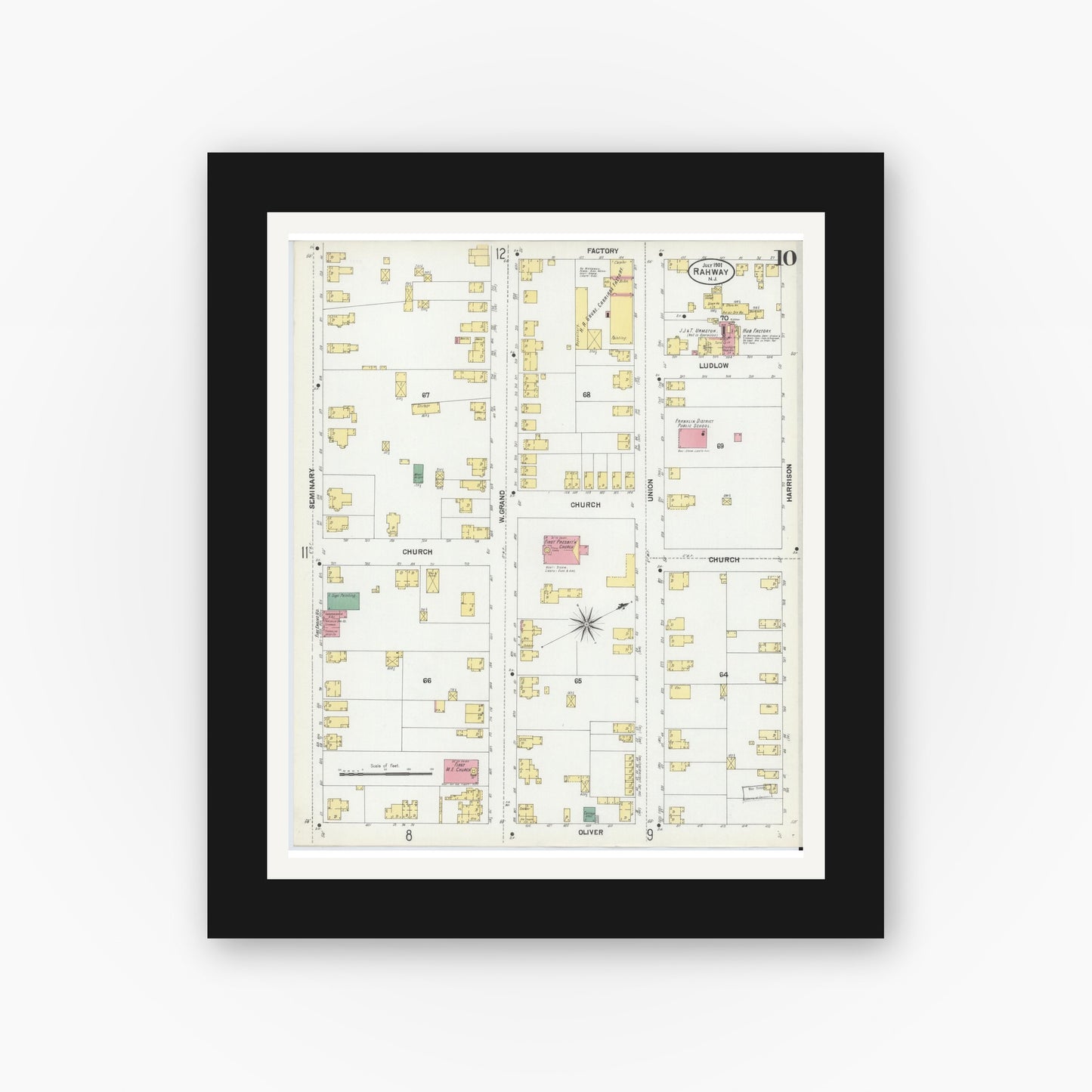 Old map wall art mockup — black gallery frame with white mat — Sanborn Fire Insurance Map from Rahway, Union County, New Jersey (1901), Sheet #0010