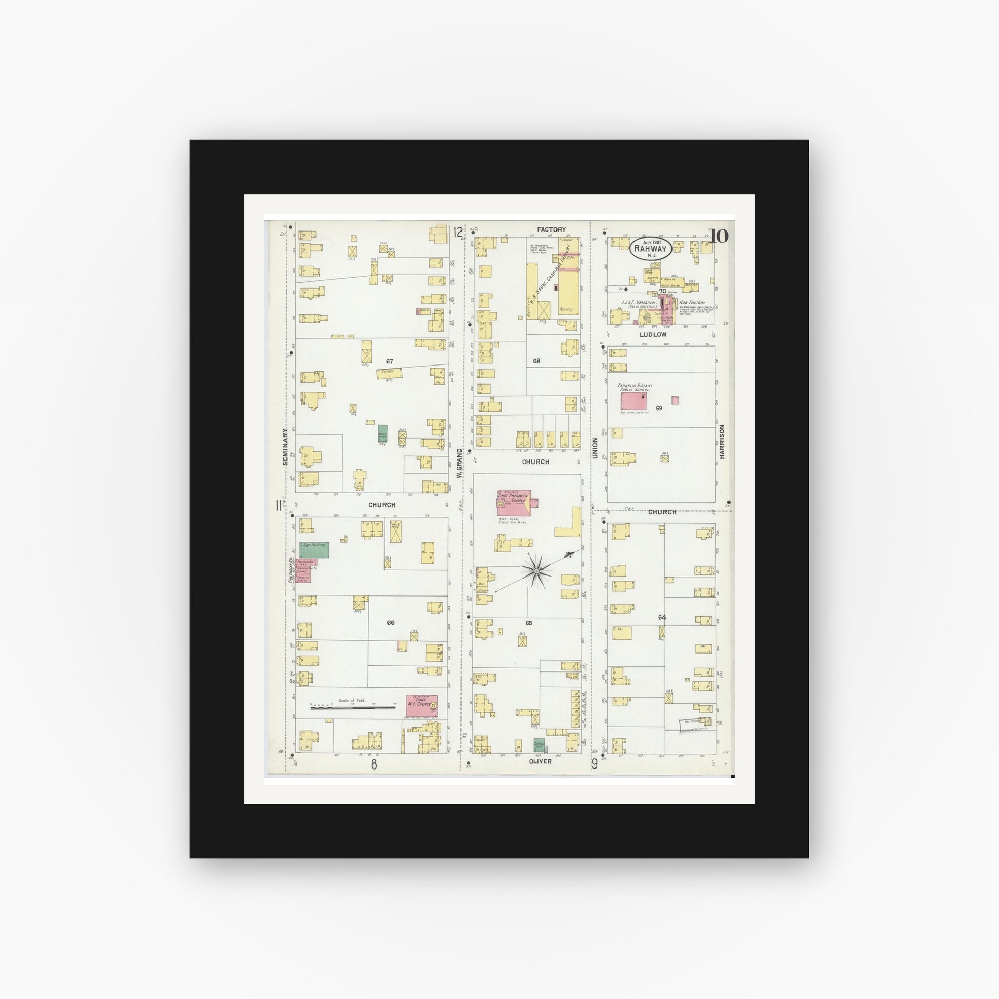 Old map wall art mockup — black gallery frame with white mat — Sanborn Fire Insurance Map from Rahway, Union County, New Jersey (1901), Sheet #0010