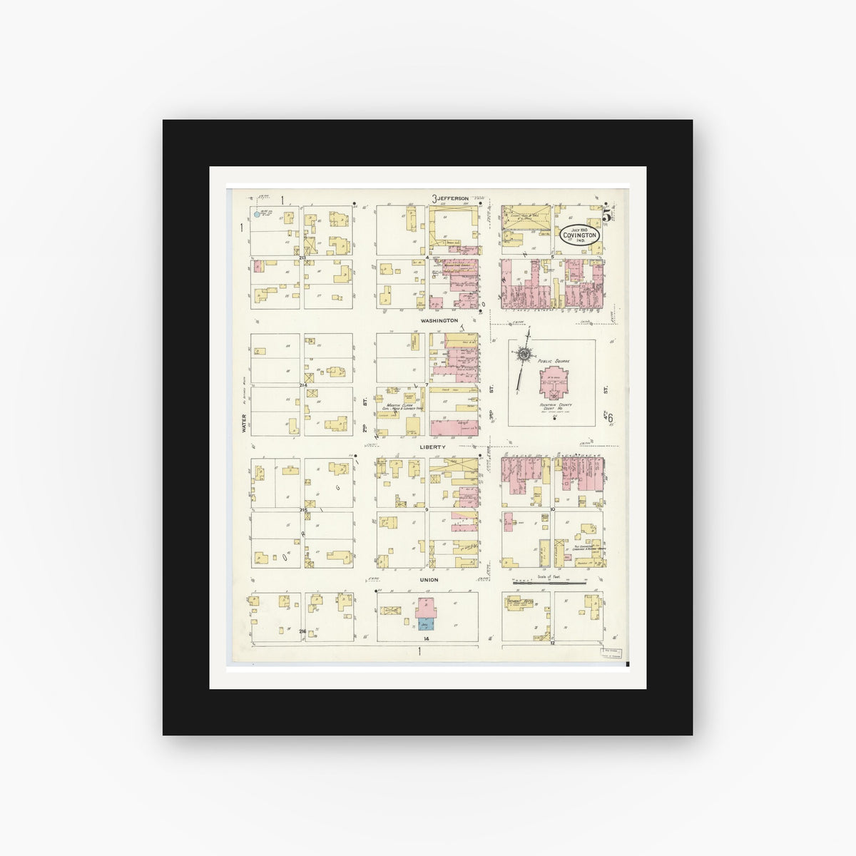 Old map wall art mockup — black gallery frame with white mat — Sanborn Fire Insurance Map from Covington, Fountain County, Indiana (1910), Sheet #0005