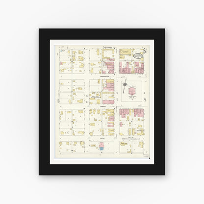 Old map wall art mockup — black gallery frame with white mat — Sanborn Fire Insurance Map from Covington, Fountain County, Indiana (1910), Sheet #0005