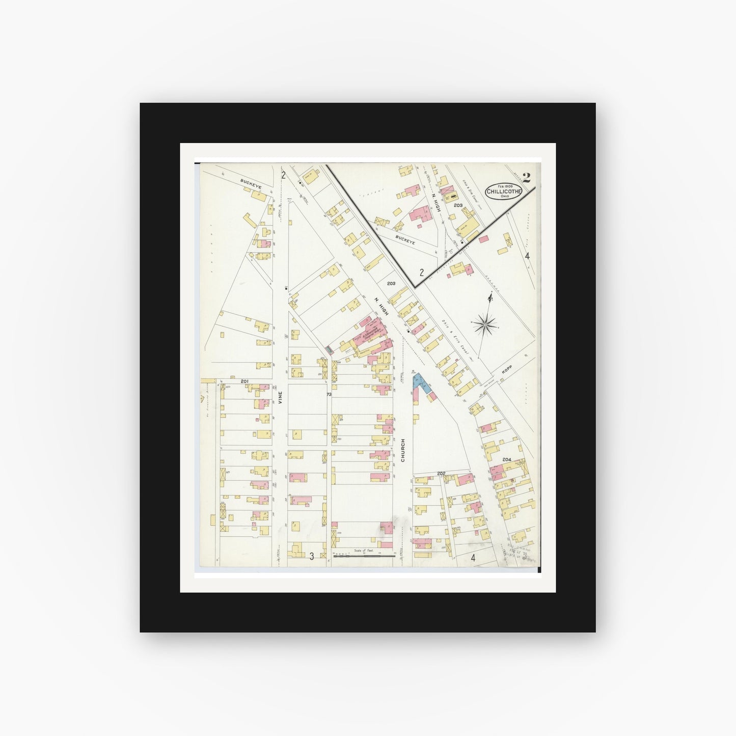Old map wall art mockup — black gallery frame with white mat — Sanborn Fire Insurance Map from Chillicothe, Ross County, Ohio (1909), Sheet #0002