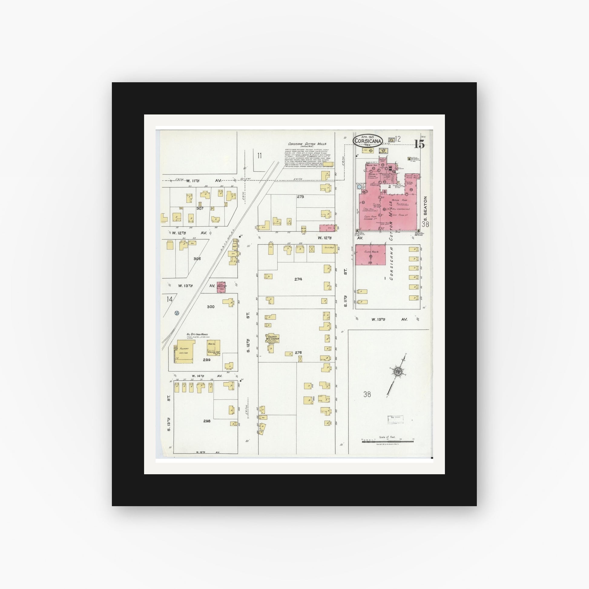 Old map wall art mockup — black gallery frame with white mat — Sanborn Fire Insurance Map from Corsicana, Navarro County, Texas (1921), Sheet #0015