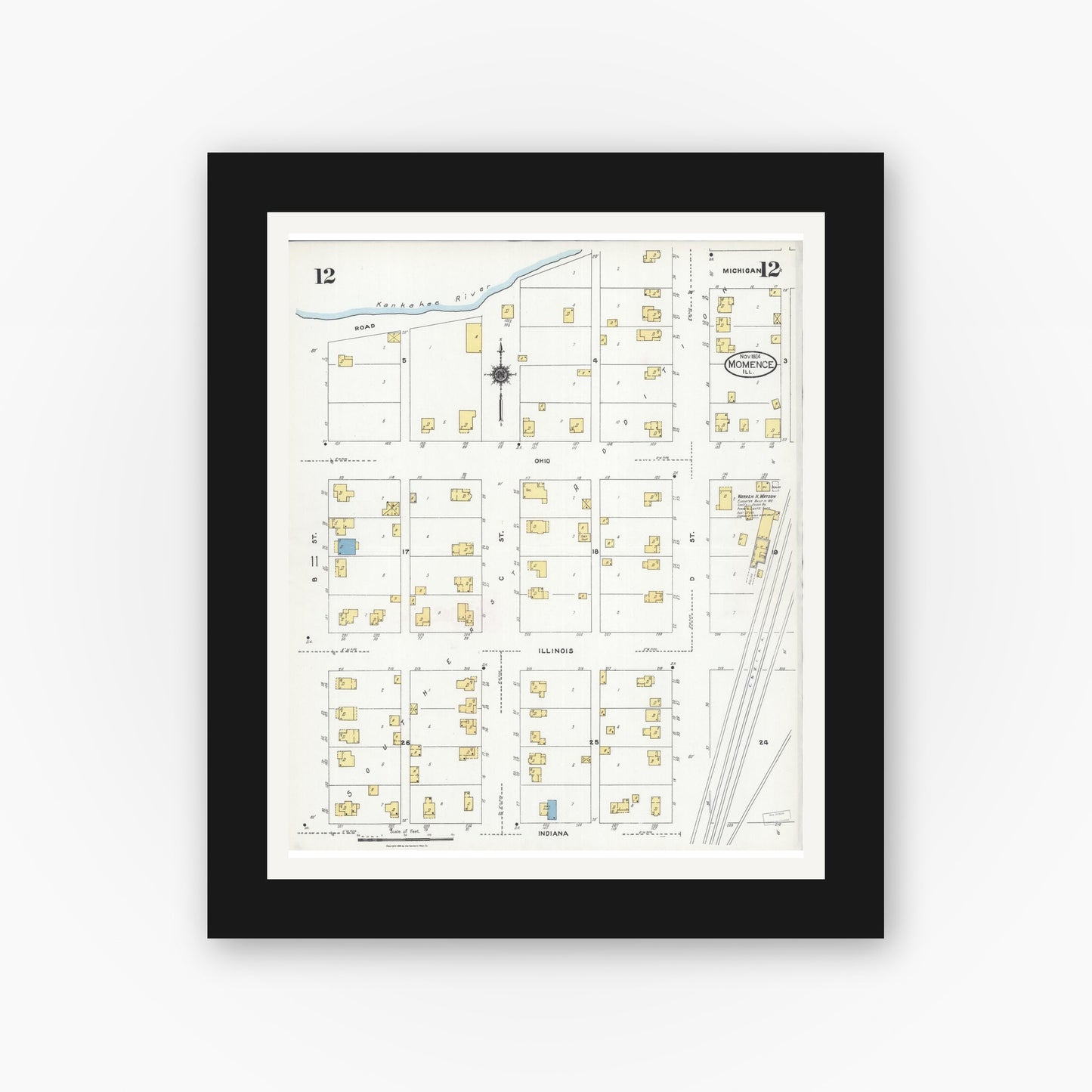 Old map wall art mockup — black gallery frame with white mat — Sanborn Fire Insurance Map from Momence, Kankakee County, Illinois (1924), Sheet #0012