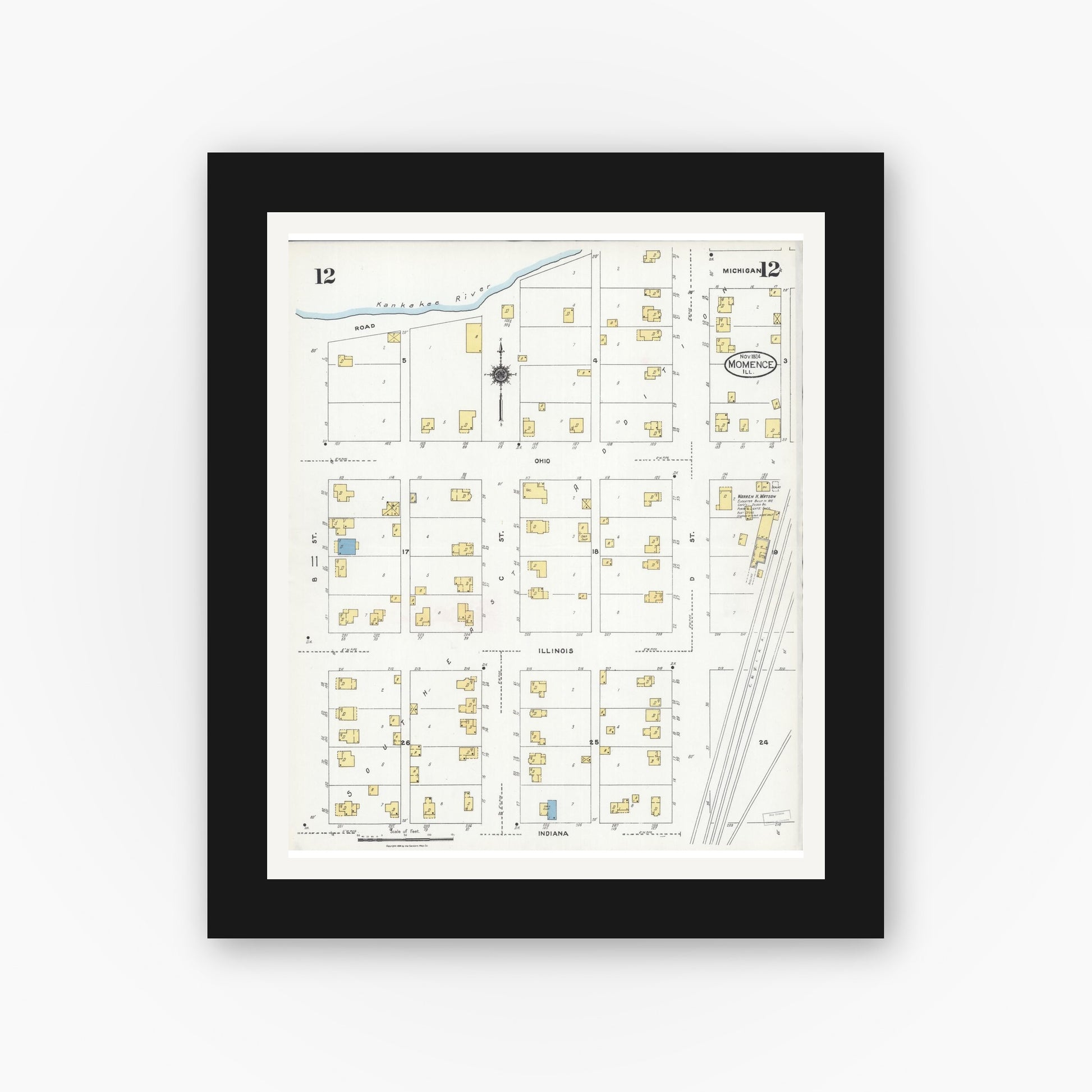 Old map wall art mockup — black gallery frame with white mat — Sanborn Fire Insurance Map from Momence, Kankakee County, Illinois (1924), Sheet #0012