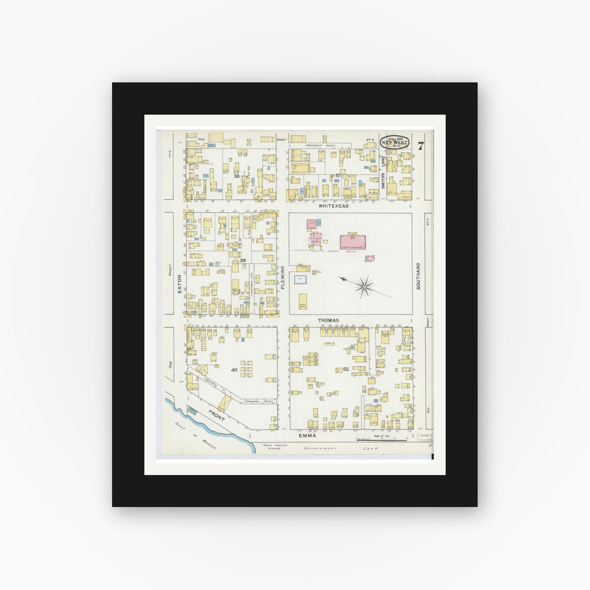 Old map wall art mockup — black gallery frame with white mat — Sanborn Fire Insurance Map from Key West, Monroe County, Florida (1892), Sheet #0007