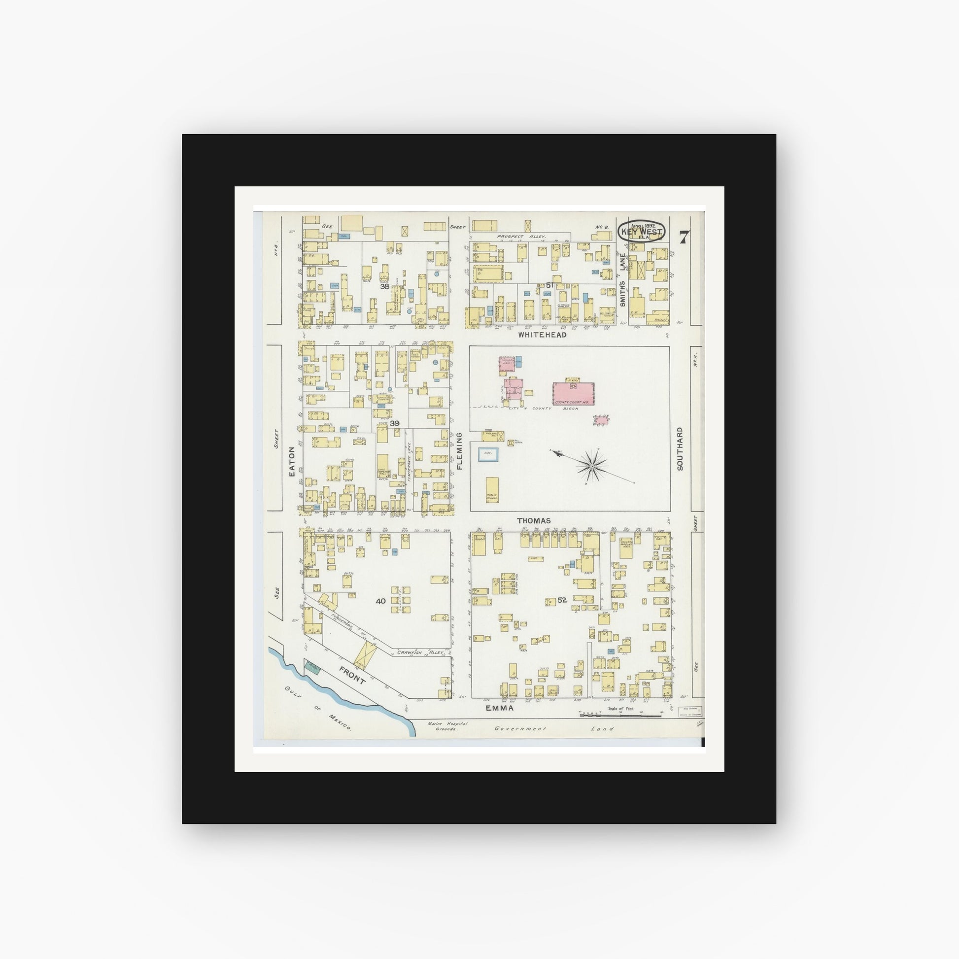 Old map wall art mockup — black gallery frame with white mat — Sanborn Fire Insurance Map from Key West, Monroe County, Florida (1892), Sheet #0007