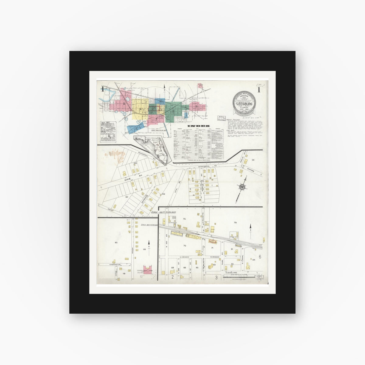 Old map wall art mockup — black gallery frame with white mat — Sanborn Fire Insurance Map from Leesburg, Lake County, Florida (1924), Sheet #0001