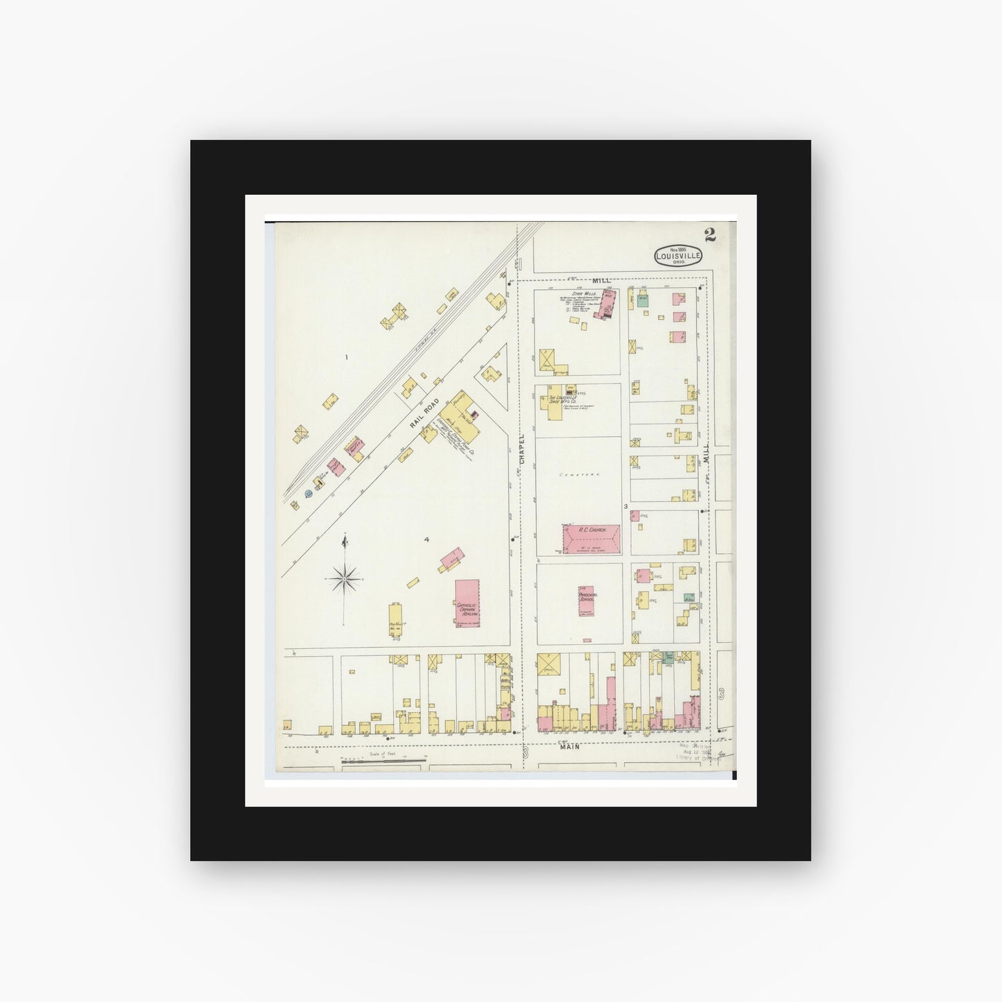 Old map wall art mockup — black gallery frame with white mat — Sanborn Fire Insurance Map from Louisville, Stark County, Ohio (1895), Sheet #0002