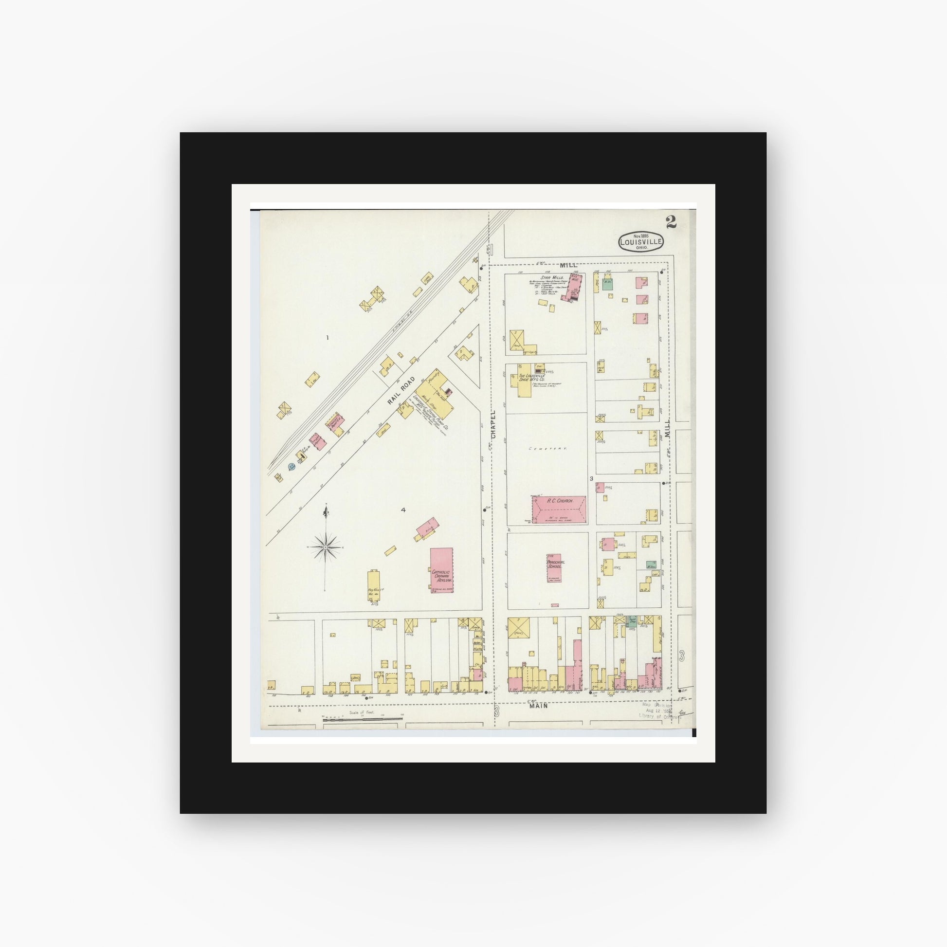 Old map wall art mockup — black gallery frame with white mat — Sanborn Fire Insurance Map from Louisville, Stark County, Ohio (1895), Sheet #0002
