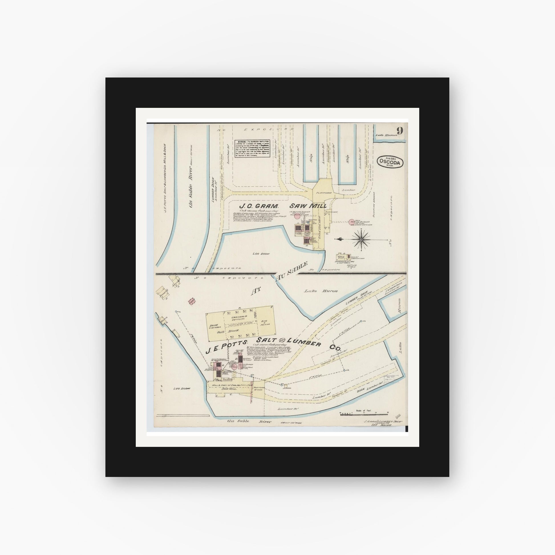 Old map wall art mockup — black gallery frame with white mat — Sanborn Fire Insurance Map from Oscoda, Iosco County, Michigan (1884), Sheet #0009