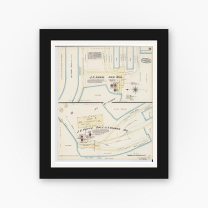 Old map wall art mockup — black gallery frame with white mat — Sanborn Fire Insurance Map from Oscoda, Iosco County, Michigan (1884), Sheet #0009