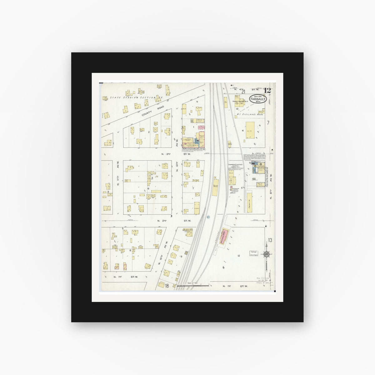 Old map wall art mockup — black gallery frame with white mat — Sanborn Fire Insurance Map from Faribault, Rice County, Minnesota (1914), Sheet #0012