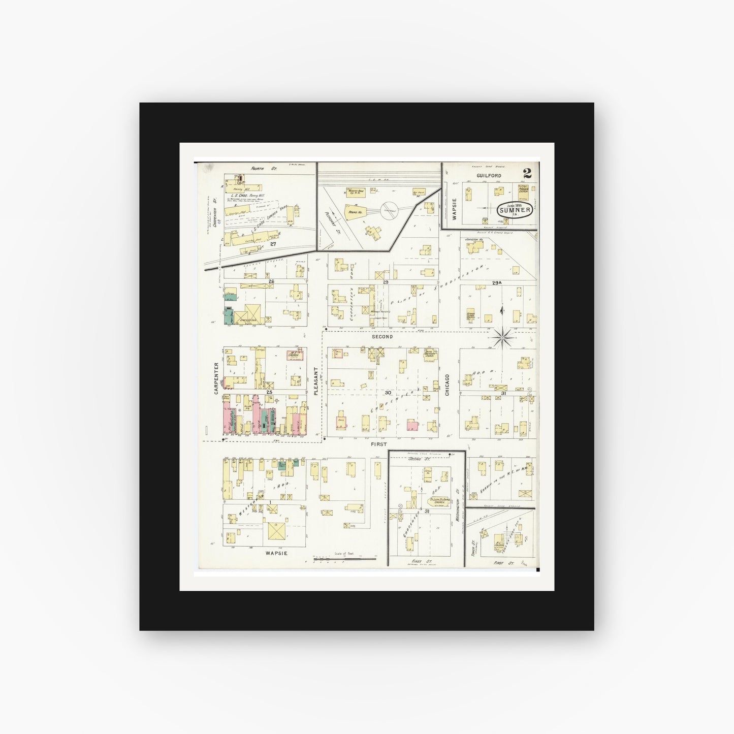 Old map wall art mockup — black gallery frame with white mat — Sanborn Fire Insurance Map from Sumner, Bremer County, Iowa (1895), Sheet #0002