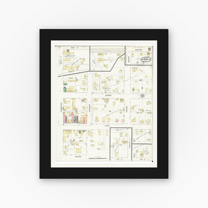 Old map wall art mockup — black gallery frame with white mat — Sanborn Fire Insurance Map from Sumner, Bremer County, Iowa (1895), Sheet #0002