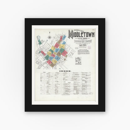 Old map wall art mockup — black gallery frame with white mat — Sanborn Fire Insurance Map from Middletown, Orange County, New York (1904), Sheet #0001