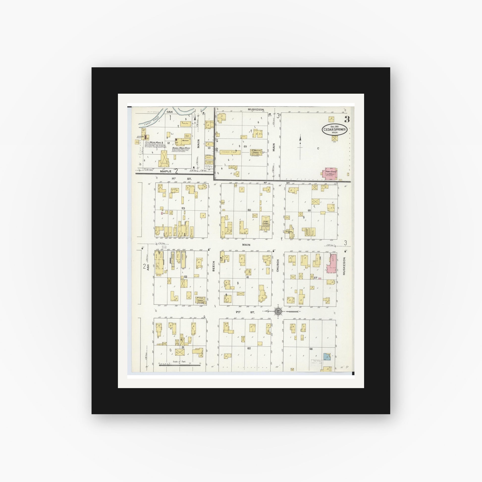 Old map wall art mockup — black gallery frame with white mat — Sanborn Fire Insurance Map from Cedar Springs, Kent County, Michigan (1910), Sheet #0003
