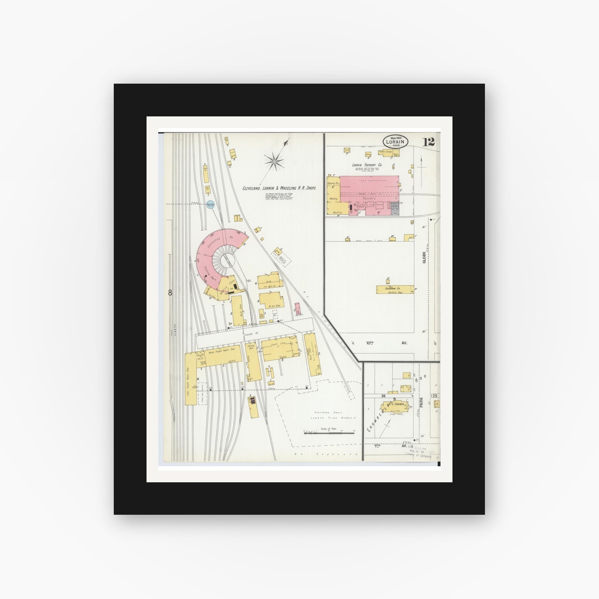 Old map wall art mockup — black gallery frame with white mat — Sanborn Fire Insurance Map from Lorain, Lorain County, Ohio (1900), Sheet #0012