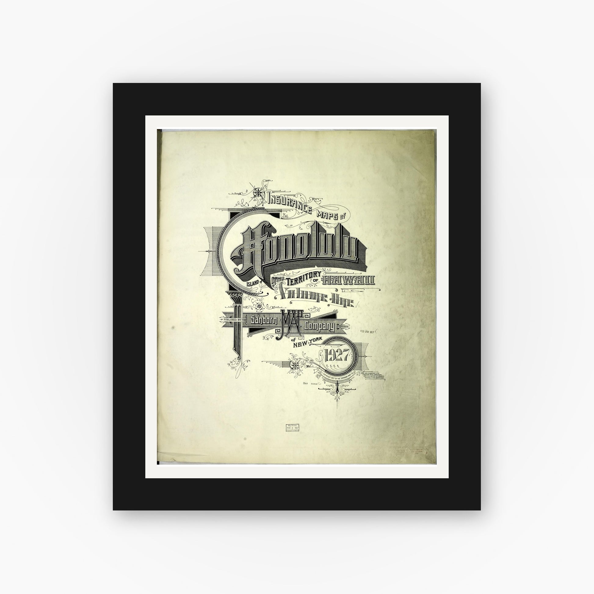 Old map wall art mockup — black gallery frame with white mat — Sanborn Fire Insurance Map from Honolulu, Oahu County, Hawaii (1927), Sheet #0001