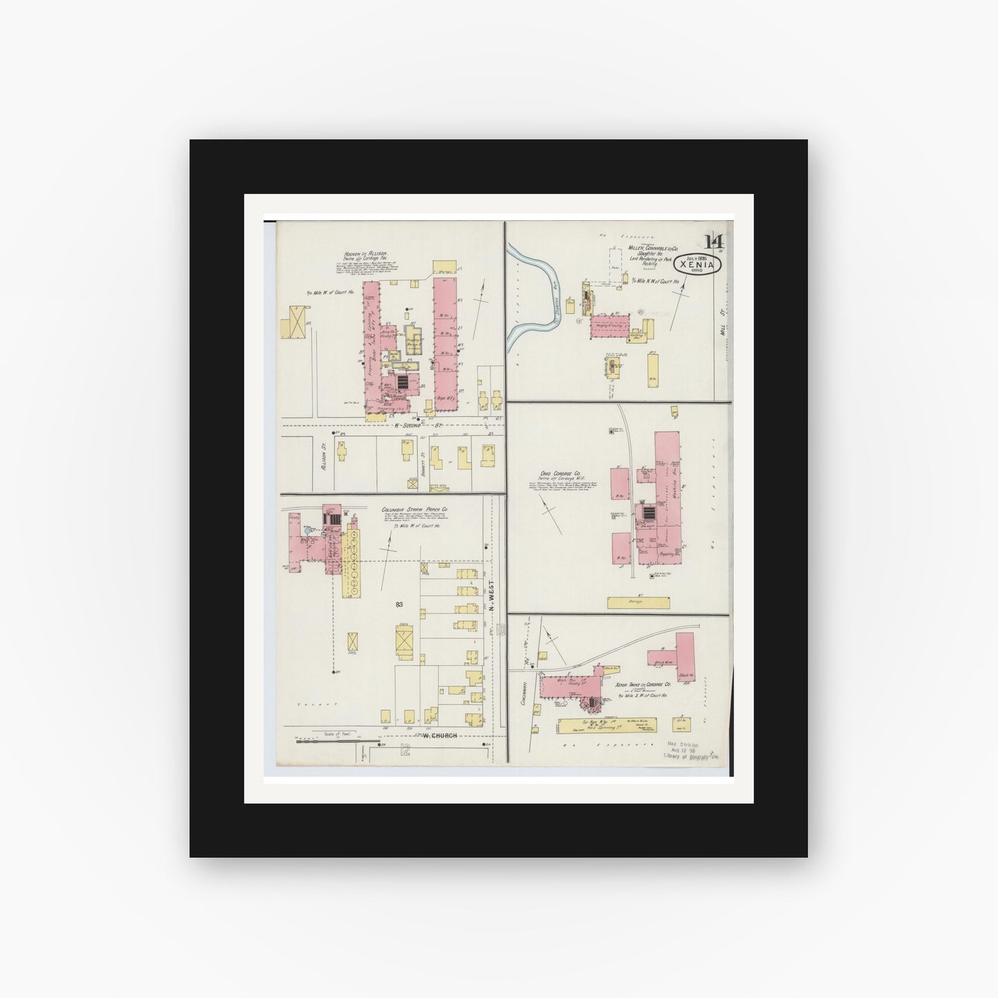 Old map wall art mockup — black gallery frame with white mat — Sanborn Fire Insurance Map from Xenia, Greene County, Ohio (1895), Sheet #0014