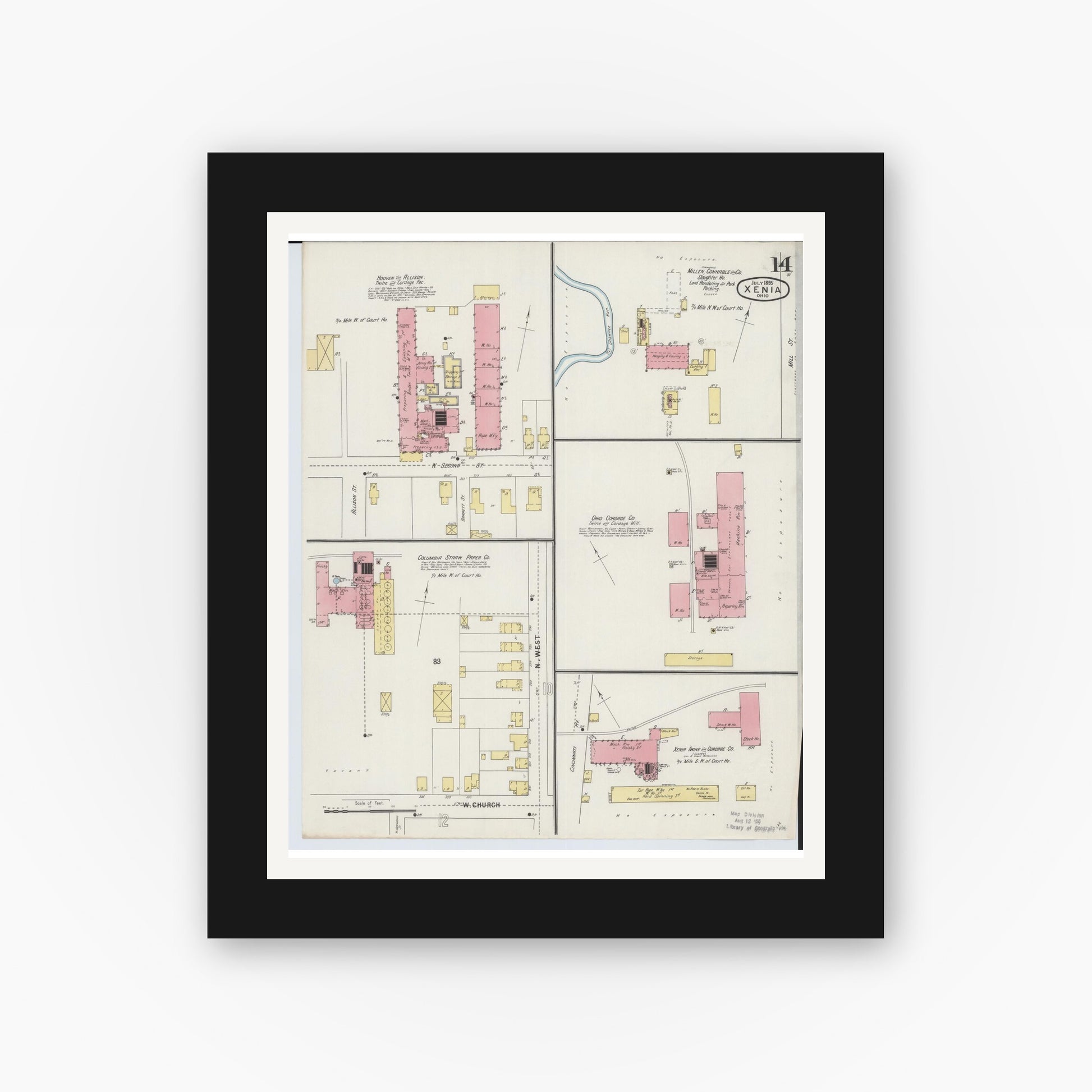 Old map wall art mockup — black gallery frame with white mat — Sanborn Fire Insurance Map from Xenia, Greene County, Ohio (1895), Sheet #0014
