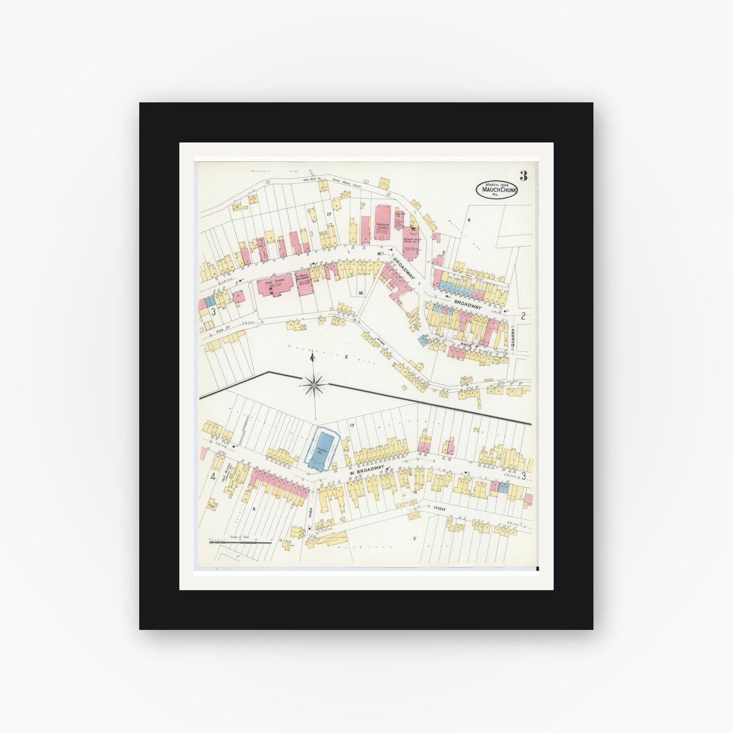 Old map wall art mockup — black gallery frame with white mat — Sanborn Fire Insurance Map from Mauch Chunk, Carbon County, Pennsylvania (1908), Sheet #0003