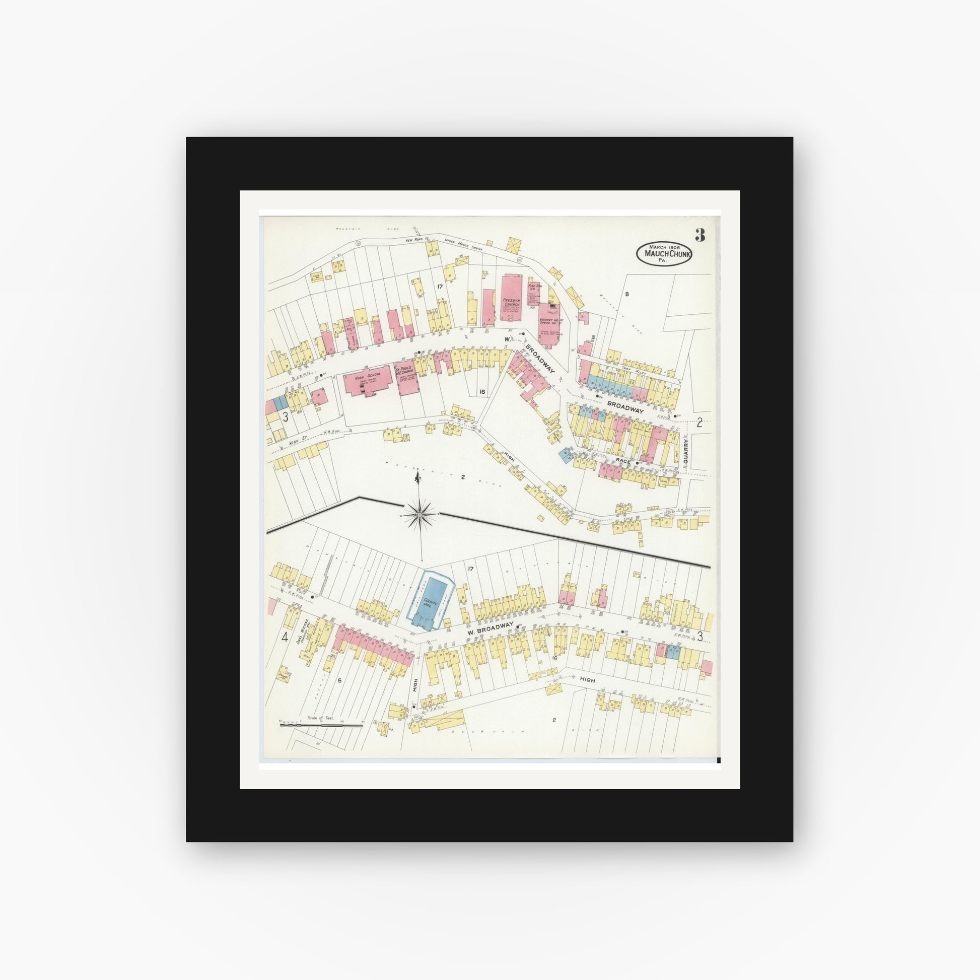 Old map wall art mockup — black gallery frame with white mat — Sanborn Fire Insurance Map from Mauch Chunk, Carbon County, Pennsylvania (1908), Sheet #0003