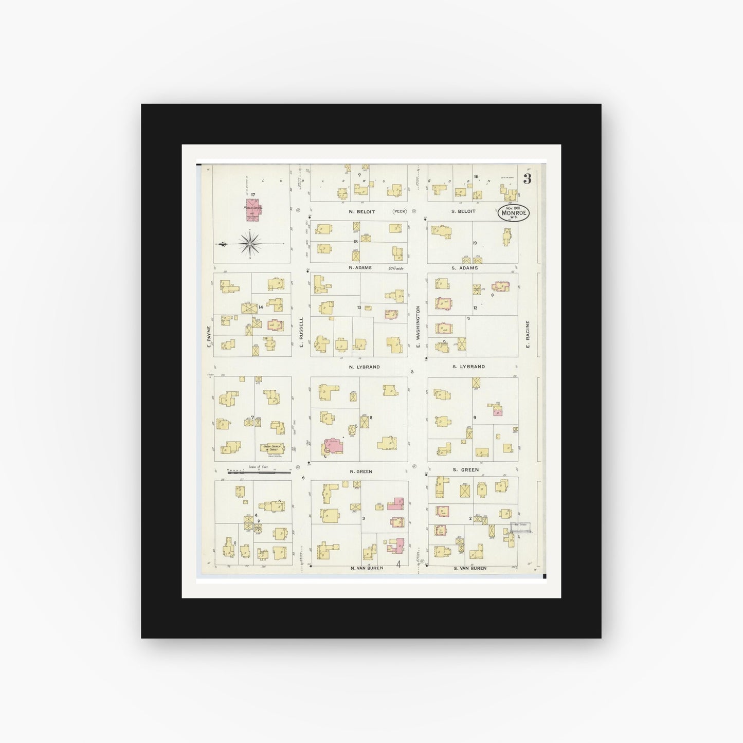 Old map wall art mockup — black gallery frame with white mat — Sanborn Fire Insurance Map from Monroe, Green County, Wisconsin (1908), Sheet #0003