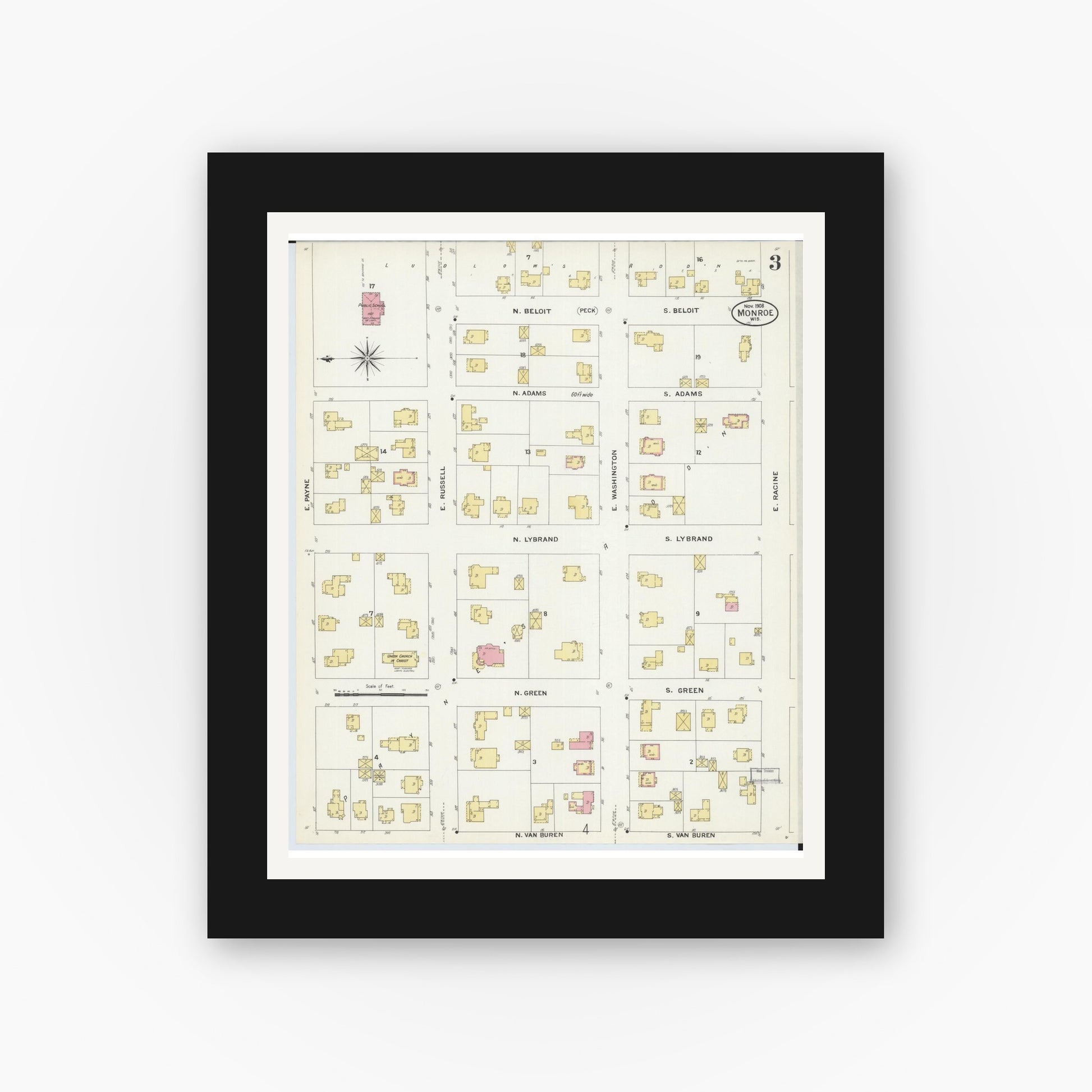 Old map wall art mockup — black gallery frame with white mat — Sanborn Fire Insurance Map from Monroe, Green County, Wisconsin (1908), Sheet #0003