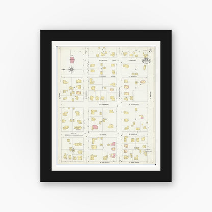 Old map wall art mockup — black gallery frame with white mat — Sanborn Fire Insurance Map from Monroe, Green County, Wisconsin (1908), Sheet #0003