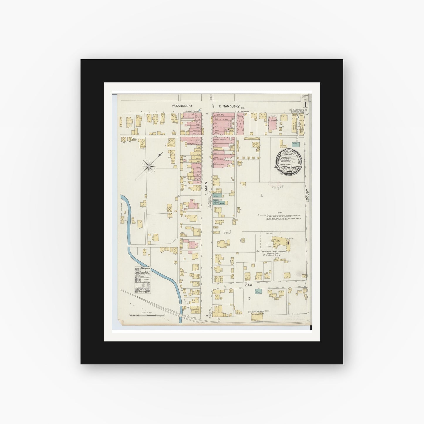 Old map wall art mockup — black gallery frame with white mat — Sanborn Fire Insurance Map from Mechanicsburg, Champaign County, Ohio (1892), Sheet #0001