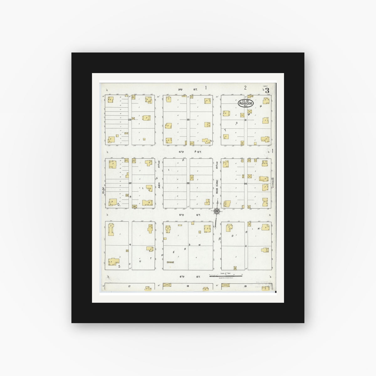 Old map wall art mockup — black gallery frame with white mat — Sanborn Fire Insurance Map from Roscoe, Nolan County, Texas (1921), Sheet #0003
