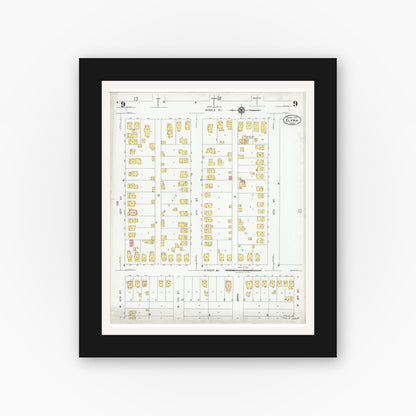 Old map wall art mockup — black gallery frame with white mat — Sanborn Fire Insurance Map from Elyria, Lorain County, Ohio (1925), Sheet #0009