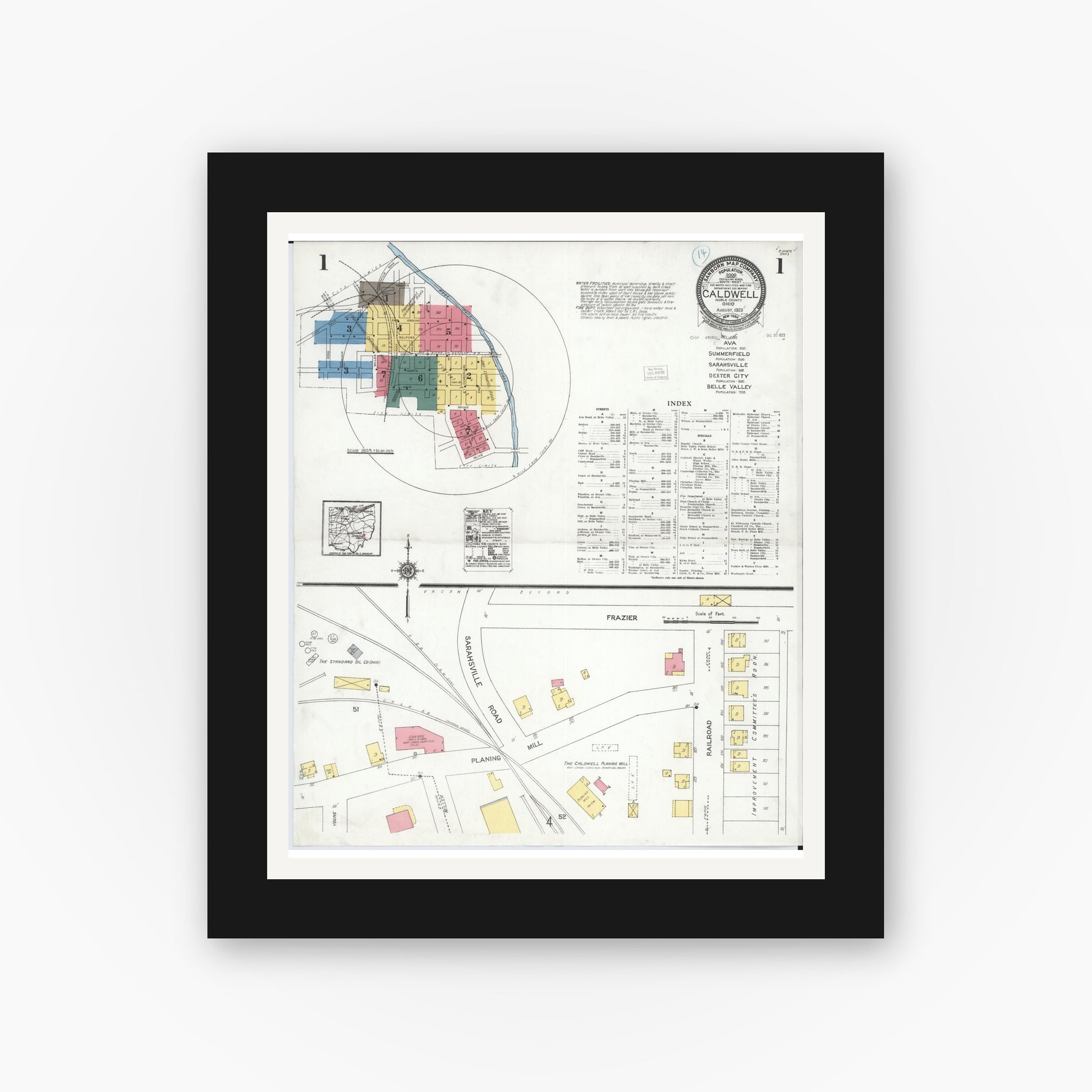 Old map wall art mockup — black gallery frame with white mat — Sanborn Fire Insurance Map from Caldwell, Noble County, Ohio (1923) - Complete Map Set
