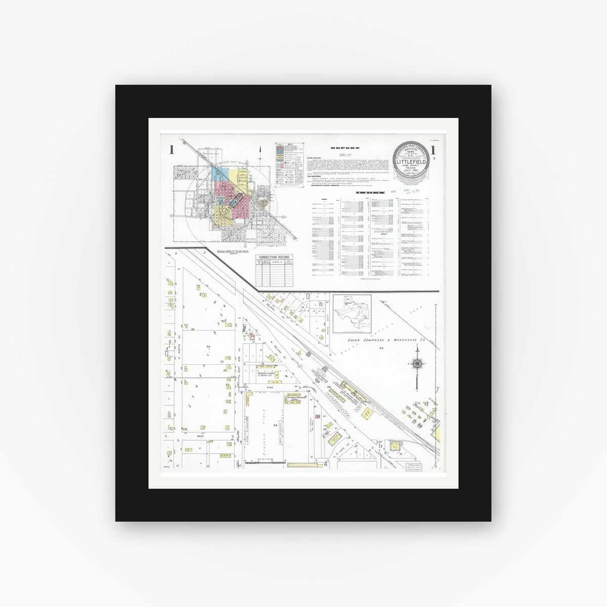 Old map wall art mockup — black gallery frame with white mat — Sanborn Fire Insurance Map from Littlefield, Lamb County, Texas (1950) - Complete Map Set