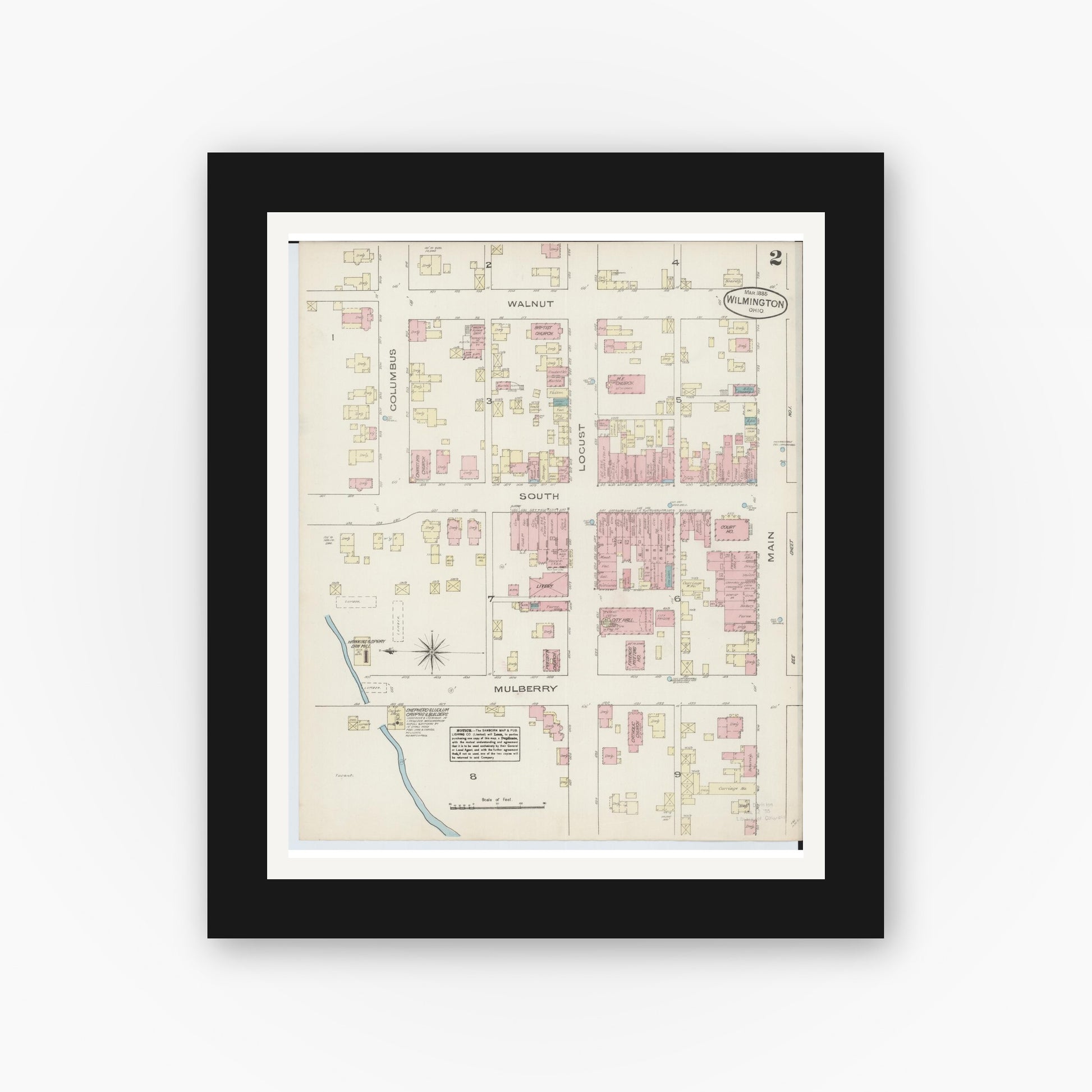 Old map wall art mockup — black gallery frame with white mat — Sanborn Fire Insurance Map from Wilmington, Clinton County, Ohio (1885), Sheet #0002