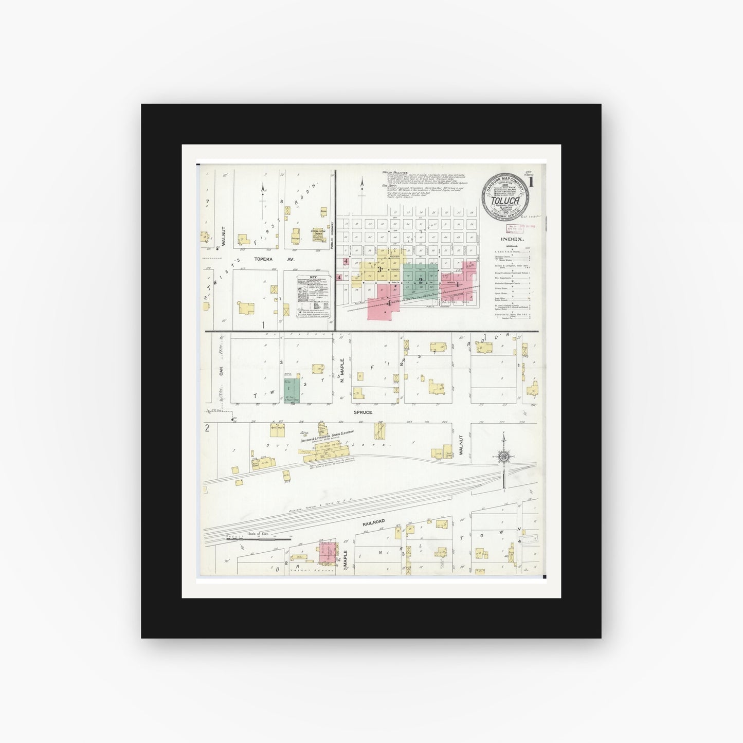Old map wall art mockup — black gallery frame with white mat — Sanborn Fire Insurance Map from Toluca, Marshall County, Illinois (1910) - Complete Map Set