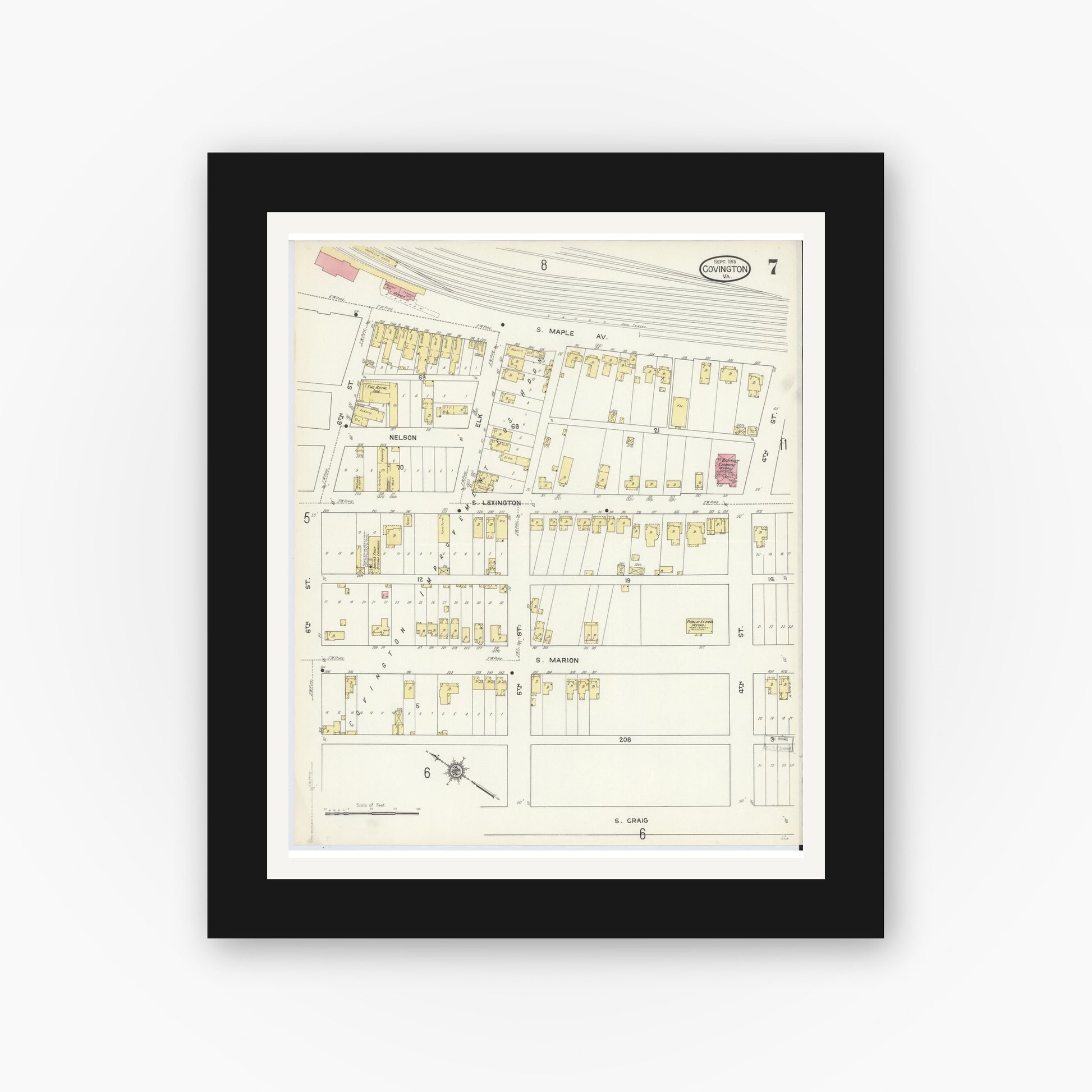 Old map wall art mockup — black gallery frame with white mat — Sanborn Fire Insurance Map from Covington, Independent Cities, Virginia (1913), Sheet #0007